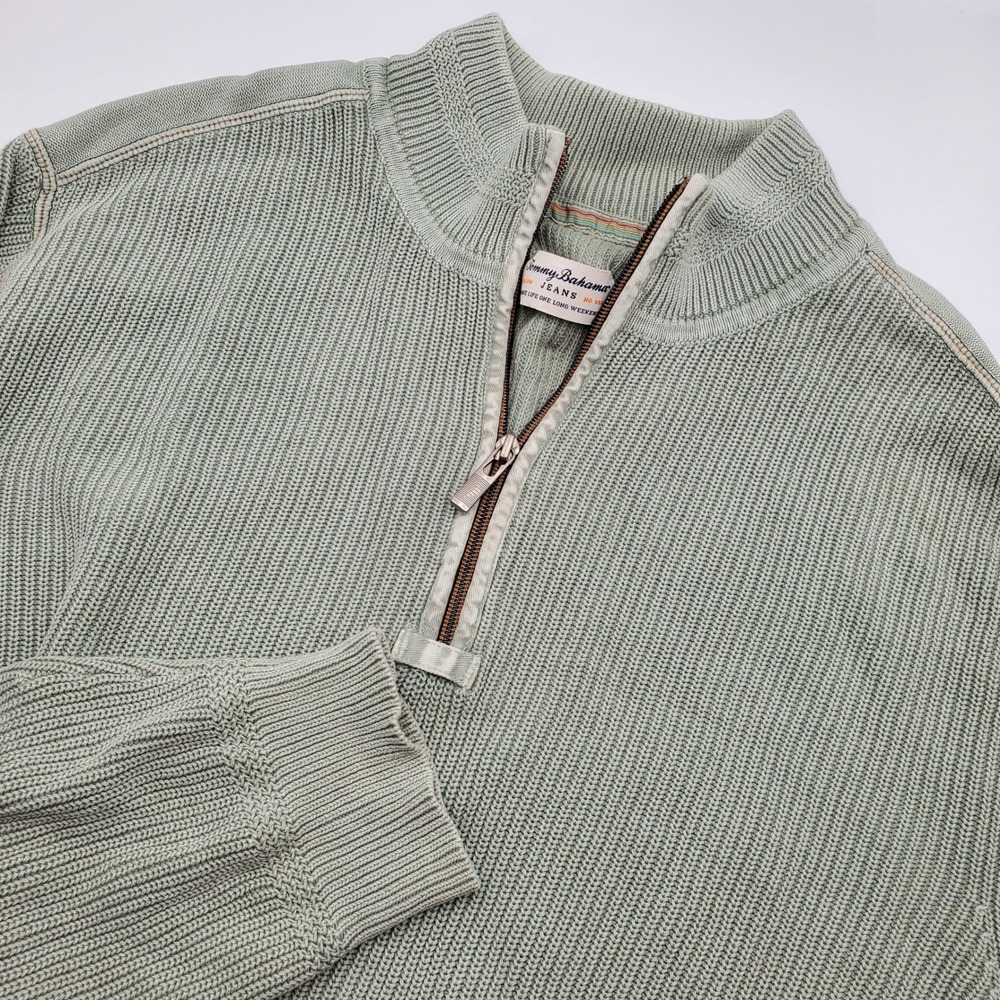 Tommy Bahama Jeans Mens XL Sage Green Ribbed 100% Cotton Quarter Zip Sweater